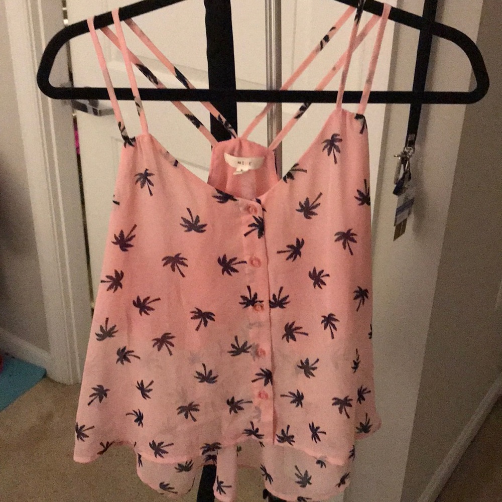Light pink/navy palm tree chiffon tank